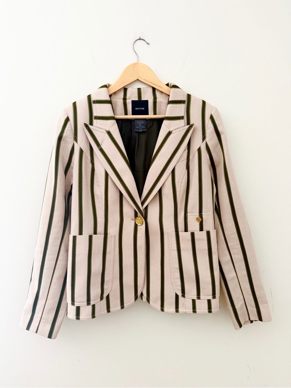 SMYTHE tan and green stripped blazer brown leather elbow accents L